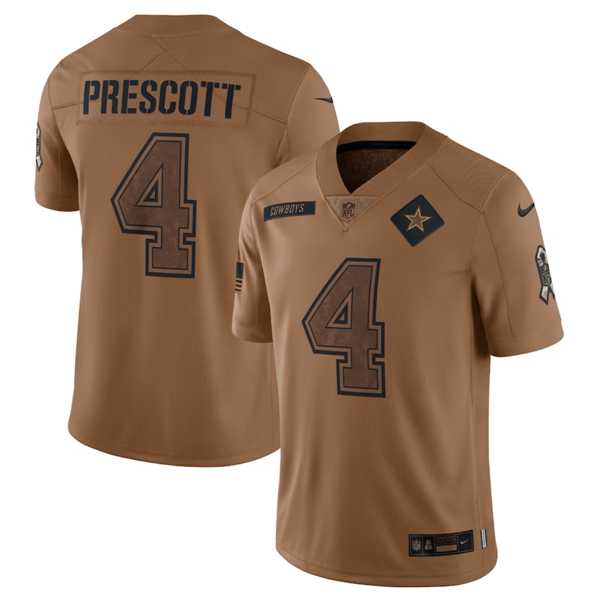 Men%27s Dallas Cowboys #4 Dak Prescott 2023 Brown Salute To Service Limited Football Stitched Jersey Dyin